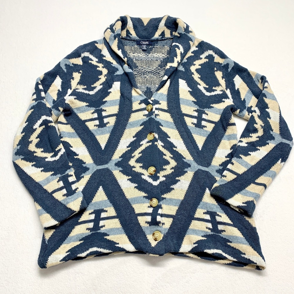 Chaps Denim Southwestern Geometric Cardigan Womens XL Blue Shawl Sweater Cotton